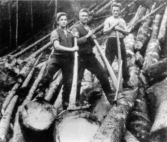 Foto Holzerequipe um 1940 ausgerüstet mit Sapinen.