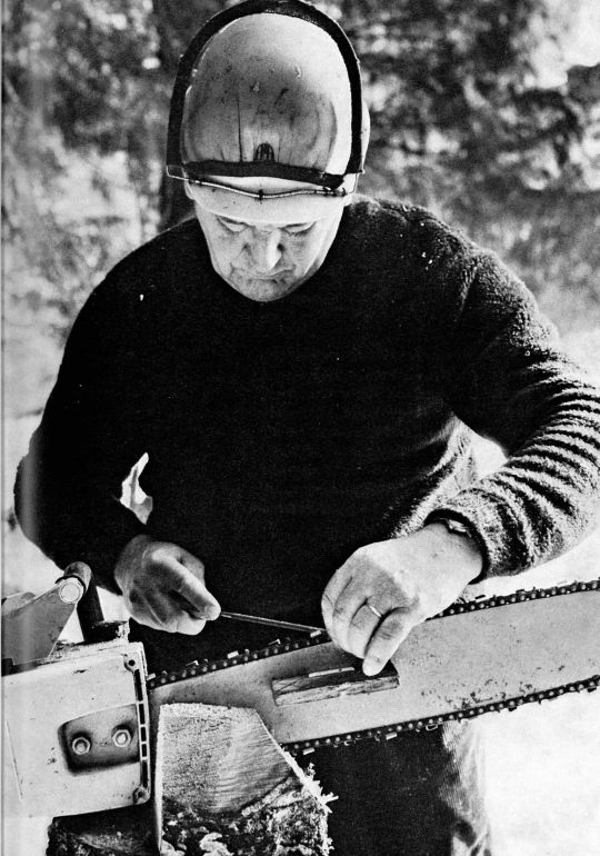 Foto Ein Arbeiter beim Schärfen einer Motorsäge mit einer Feile