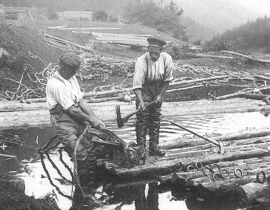 Foto Flösserei - Zusammenfügen der einzelnen Stämme zu einem Floss
