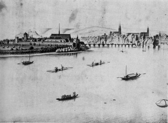 Foto "Der Rhein bei Basel mit Flössen von Hüningen her."