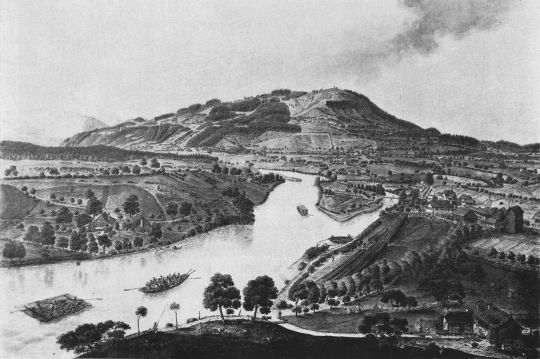 Foto "Aare mit Nutzholzfloss und Brennholzschiff und dem Brennholzlagerplatz ..."