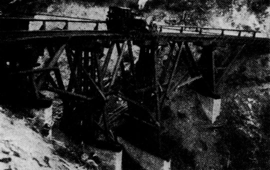 Foto "Über 12 m hohe Sprengwerksbrücke in Holzkonstruktion von 50 m Länge ..."