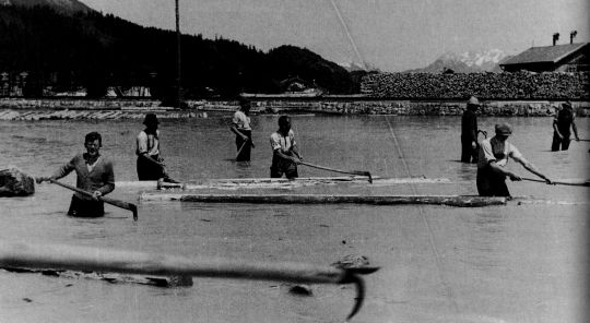 Foto "Stundenlang stehen die Triftarbeiter beim Auffangen des Holzes im eiskalten.."