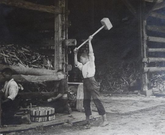 Foto "Kinder arbeiten im Holzverarbeitungsbetrieb Sihlwald"