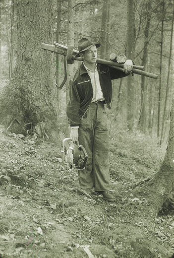 Foto Holzer mit Ausrüstung und Motorsäge